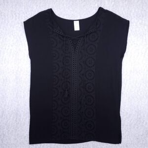 Kona Sol Boho V-Neck Sleeveless Coverup Women's S Black Crochet Embroidered